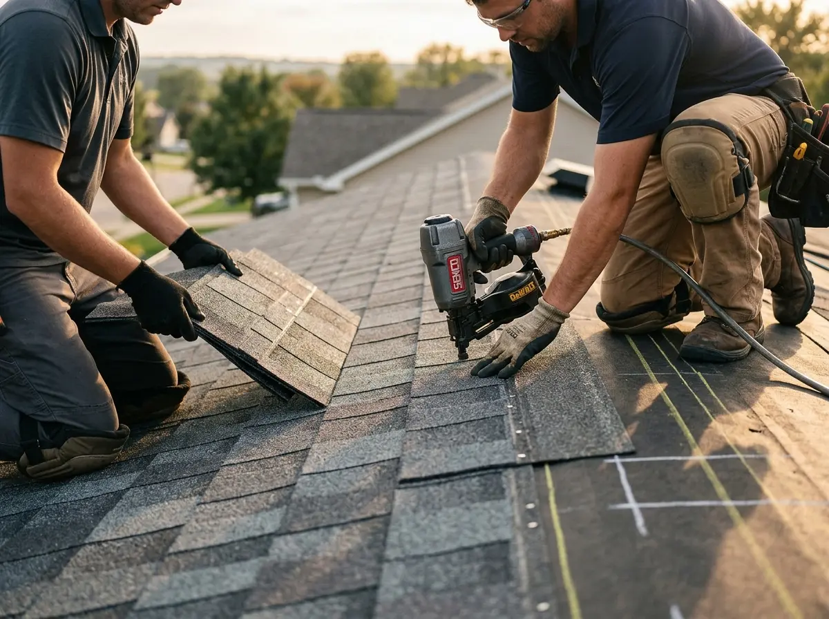 Professional roofer working on a residential roof in Altamont